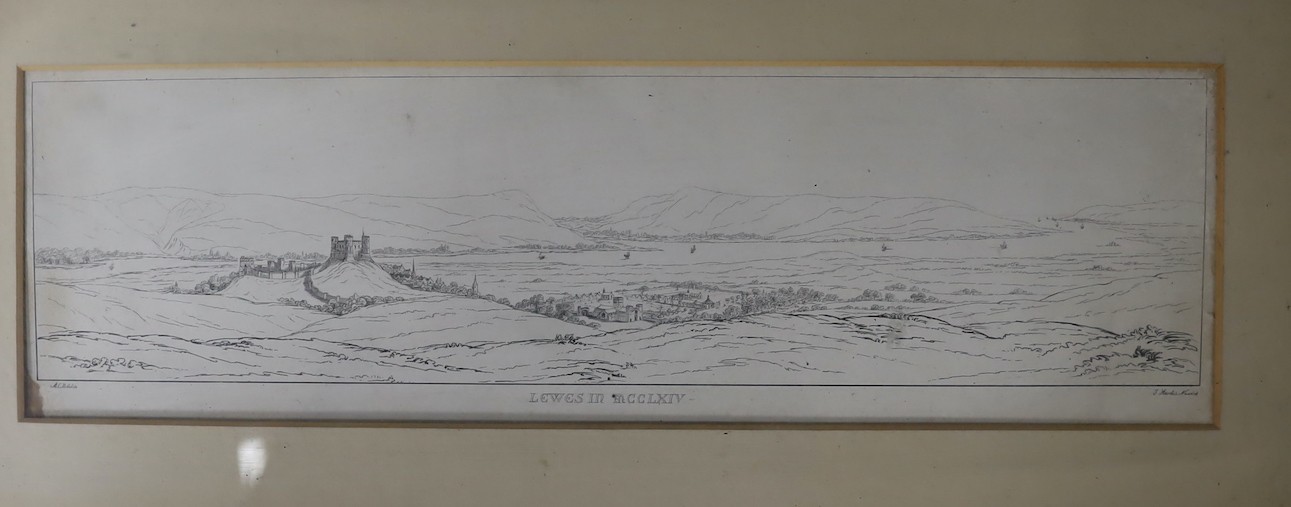 S & N Buck, engraving, View of Lewes Priory and Castle 1737, overall 26 x 45cm, and an engraving Lewes in MCCLXIV, 11 x 38cm